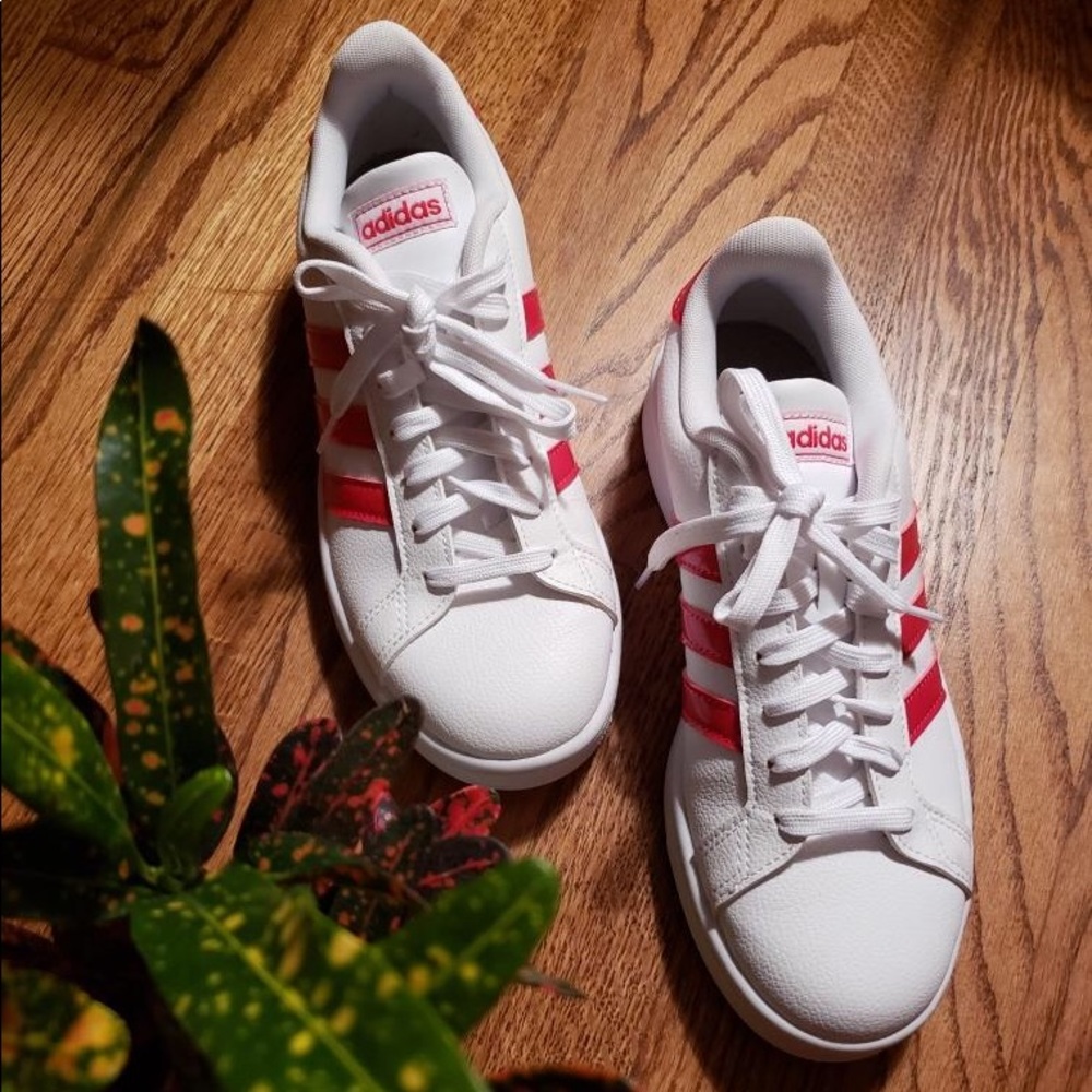 Adidas pink stripe sneakers